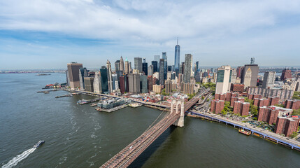 Aerial view of New York city lower manhattan and brooklyn bridge 