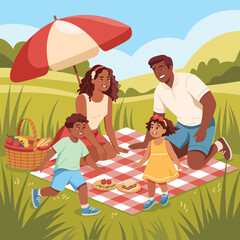 Family having a picnic in a grassy field with a red umbrella father