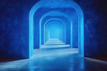 Fototapeta premium Blue-walled corridor with arched ceilings.