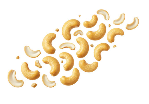 Isolated cashew nuts in a scattering composition for food photography on clean backdrop
