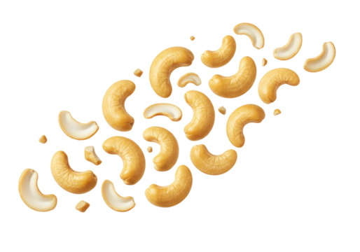 Isolated cashew nuts in a scattering composition for food photography on clean backdrop