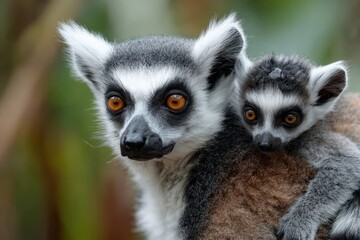 Obraz premium Close-up of a ring-tailed lemur mother and baby