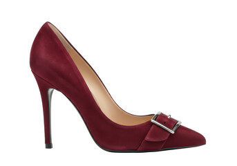 Isolated maroon suede high heel shoe with buckle, fashion footwear elegant modern style