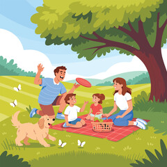 Family having a picnic in a park with a dog and butterflies vector illustration