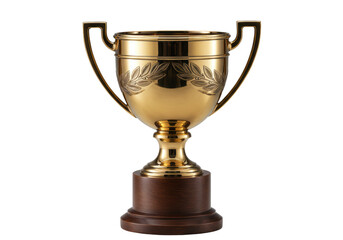 Isolated gold championship cup trophy reward on a dark wooden base, victory celebration