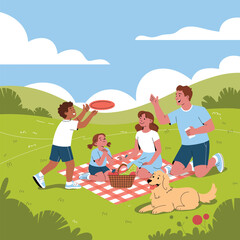 Family having a picnic in a park with a dog and playing frisbee Keywords: family, picnic, park