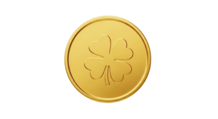 Isolated St. Patrick's Day Lucky Gold Coin with Shamrock, Chance, Celebration Symbol