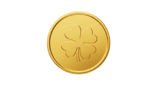 Isolated St. Patrick's Day Lucky Gold Coin with Shamrock, Chance, Celebration Symbol
