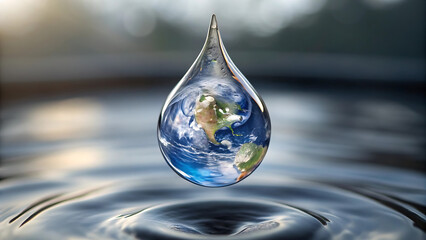 Water Droplet Containing Earth Above Rippling Surface – Environmental Symbolism