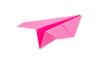 Isolated pink paper airplane on plain backdrop perfect for education or imagination concepts