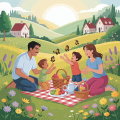 Family having a picnic in a scenic countryside landscape with butterflies Keywords: family