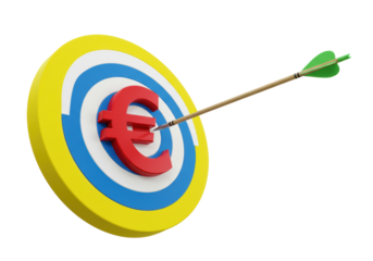 Isolated concept of success with an arrow hitting an Euro target, financial hit symbol