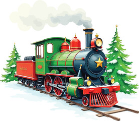 Festive vintage steam train decorated for christmas traveling through snowy winter landscape with pine trees