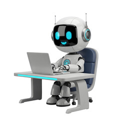 Robot at Futuristic Desk with Laptop - AI Workspace, Advanced Technology, Digital Automation, Innovation