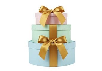 Isolated stacked round gift boxes with shiny golden bow, celebration theme decorations