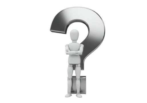 Isolated doll stands with arms crossed in front of shiny metallic question mark symbol