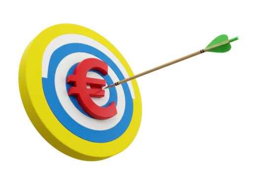 Isolated concept of success with an arrow hitting an Euro target, financial hit symbol