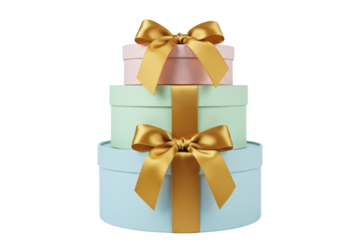 Isolated stacked round gift boxes with shiny golden bow, celebration theme decorations