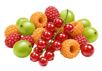 Isolated mix of juicy berries ripe red currants, gold and red raspberries, green gooseberries