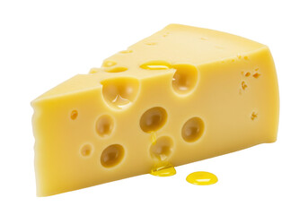 Isolated swiss cheese wedge with holes and oil droplets, nutritious dairy delicacy, side view
