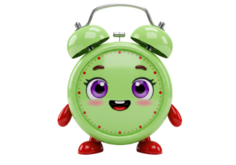 Isolated cute cartoon clock with big eyes and a cheerful expression, time management concept