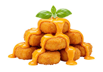 Isolated Appetizing fried mozzarella sticks topped with yellow sauce, basil leaves garnish