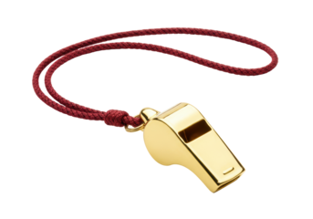 Isolated shiny brass whistle with burgundy lanyard used for sports, safety, or refereeing