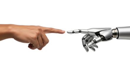 Isolated human hand reaching towards a robot arm, technology meeting humanity concept