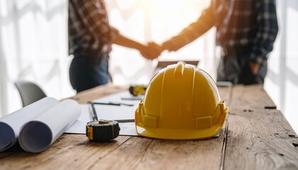 Confident construction professionals shake hands over blueprints finalizing successful project agreement