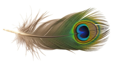 Isolated peacock feather with iridescent eye spot, vibrant green color gradient and texture