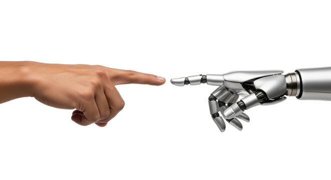 Isolated human hand reaching towards a robot arm, technology meeting humanity concept