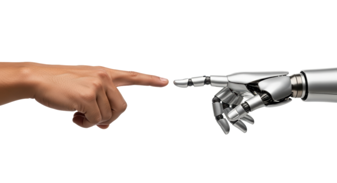 Isolated human hand reaching towards a robot arm, technology meeting humanity concept