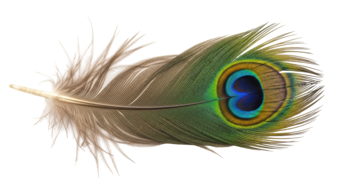 Isolated peacock feather with iridescent eye spot, vibrant green color gradient and texture