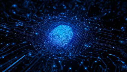A futuristic fingerprint scan on a glowing digital interface symbolises biometric authentication, identity verification, and secure access.