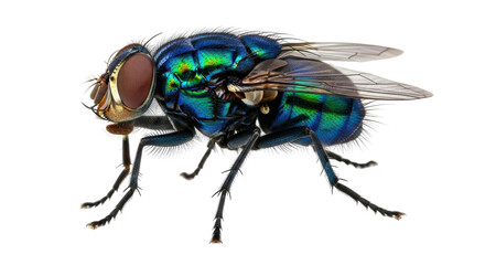 Isolated iridescent bluebottle fly, metallic reflections on exoskeleton, shiny insect detail