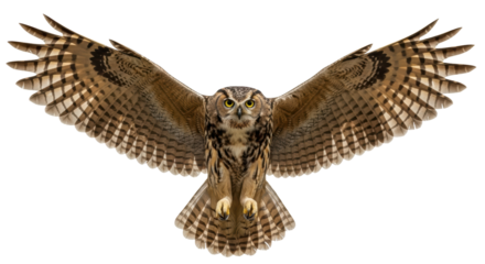 Isolated Long-eared Owl with Wings Spread, Flying Down, Front View; Bird of Prey Portrait