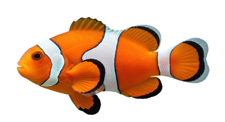 Isolated clownfish swimming side view with orange color and white bands on body, saltwater life