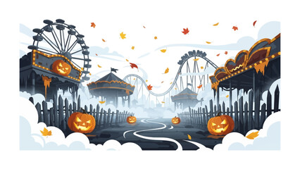 Spooky Carnival: Capturing a whimsical, and slightly eerie, animated illustration of an autumnal carnival. pumpkins and falling leaves create a festive atmosphere.