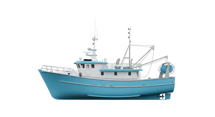 Isolated blue and white commercial fishing trawler on a smooth background, full side profile