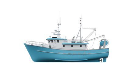 Isolated blue and white commercial fishing trawler on a smooth background, full side profile