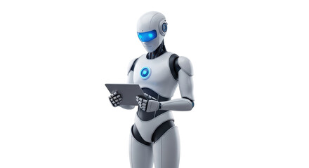 Isolated humanoid robot interacting with tablet, a futuristic artificial intelligence concept