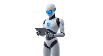 Isolated humanoid robot interacting with tablet, a futuristic artificial intelligence concept