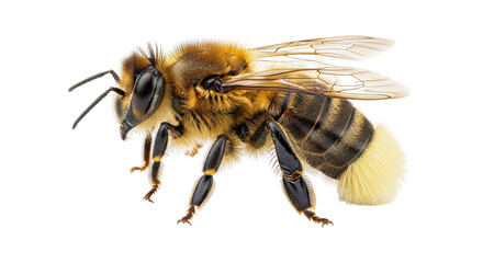 Isolated Western honey bee, detailed macro of a bee, Apis mellifera; side view of insect