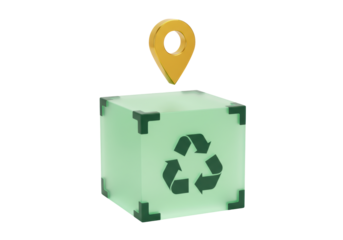Isolated recycled cube with a golden pin, sustainability and location indicator icon