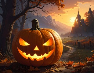 Glowing Jack-o'-Lantern with Haunted Castle and Bats at Sunset