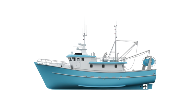 Isolated blue and white commercial fishing trawler on a smooth background, full side profile