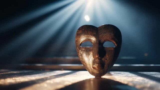 Mask on wooden floor. A heart shaped metallic mask with a light. Rays of light streak through the dark ornate shadows of a theater. Face covering placed on a timber floor lifestyle.