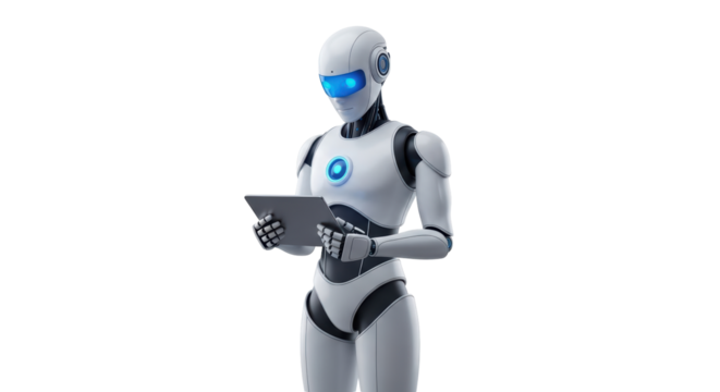 Isolated humanoid robot interacting with tablet, a futuristic artificial intelligence concept