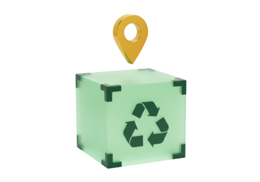 Isolated recycled cube with a golden pin, sustainability and location indicator icon