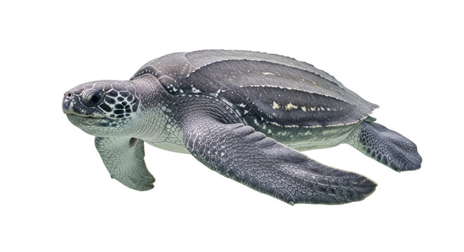 Isolated gray leatherback sea turtle with mottled skin swimming, reptilian marine animal